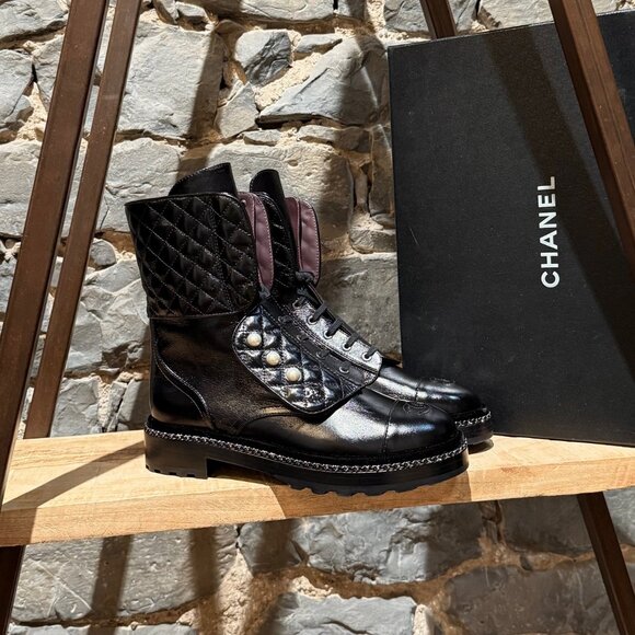 Chanel Glossy Black Pearl Chain CC Embellished Combat Boots - Picture 1 of 14